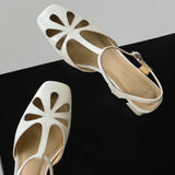 ADVBRIDGE  -  Women's cow leather hollow-out t-strap sandals 4cm thick med heel square toe elegant ladies summer pumps heeled shoes for woman