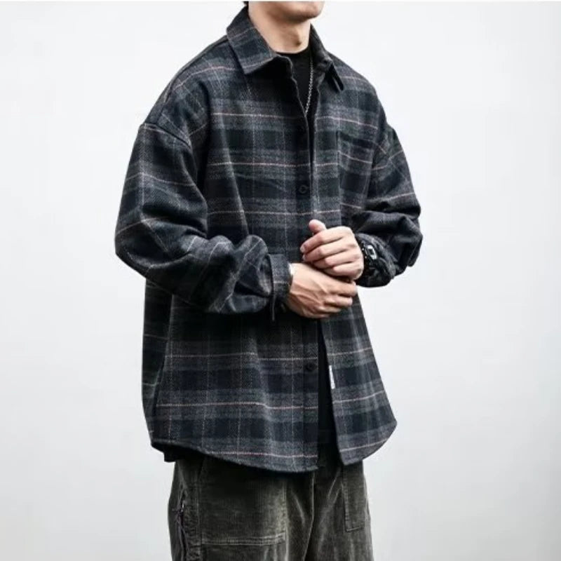 Advbridge Shirts for Men Chic Long Sleeve Casual Spring Autumn Daily Streetwear All-match Japanese Style Plaid Retro Fashion Outerwear