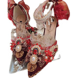 Advbridge Style Cosplay Girl Shoes Gorgeous Wedding Lace Embroidery Pearl Gem Flower Phoenix Feather Pointed 5-7cm High Heel Shoes