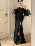 Advbridge Sexy Bodycon Evening Party Dresses for Women Ruffles Strapless High Split Black Mermaid Korean Fashion Prom Robe Vestidos New