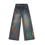 Advbridge American Style Personality Graffiti Men's Denim Pants Casual Big Pockets Jeans Loose Straight Wide Leg Men Trousers 2024