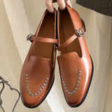 ADVBRIDGE  -  women's cow leather metal buckle slip-on flats Mary Jane loafers round toe rivet decoration casual female daily moccasins shoes