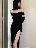 Advbridge Autumn Sexy Black Knitted Dresses for Women High Split Off Shoulder Female Club Party Dress Y2K Bodycon Harajuku Vestidos New