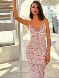 Advbridge Boho Sexy Backless Beach Dress Sleeveless Bandage Slip Dress Bodycon Cami Sundress Pink Floral Long Summer Dress For Women 2024