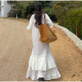 ADVBRIDGE  -  Tassel Fringes Lace Up Women's Long Dresses Elegant V-neck Puff Sleeve Cascading Ruffle Female Robes Female 2025 Beach Vestidos