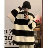 Advbridge Korean style patchwork striped sweater for men in autumn and winter lazy loose knitted sweater round neck retro trendy sweater