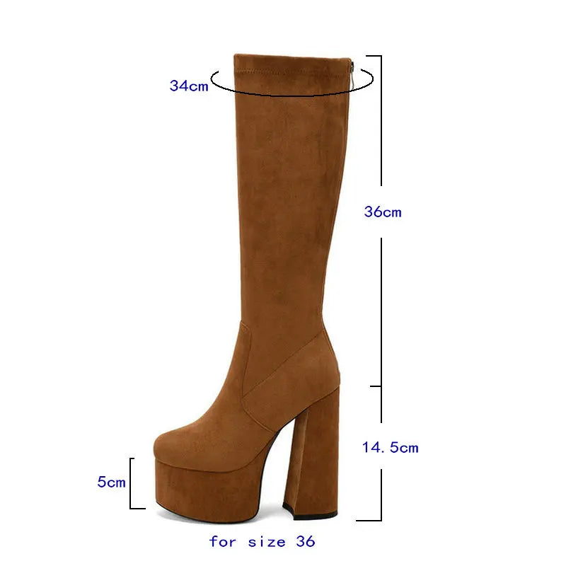 Advbridge Plus Size 43 Platform Square High Heel Ladies Knee High Boots Faux Suede High Quality Round Toe Dress Female Boots Black Brown