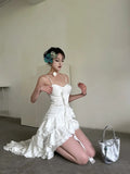 ADVBRIDGE  -  Solid Color White Suspender Dresses for Women with Chest Pad Seaside Beach New Summer Irregular Sweet Cute Sext Dress