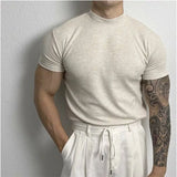 Advbridge Men Clothing Summer Short Sleeve Fitness Gym Training Tees Half High Collar Solid Skinny T-shirt Male Running Ribbed Basic Tops