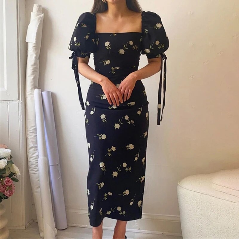 Advbridge Lady Casual Puff Short Sleeve Party Dress Elegant Split Bodycon Long Dress Women Polka Dot Square Collar French Style Dresses