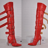 Advbridge Women Pointed Toe Red Over The Knee Boots Buckle Strap Thin High Heel Lady Zipper Female Thigh High  Stiletto Boots