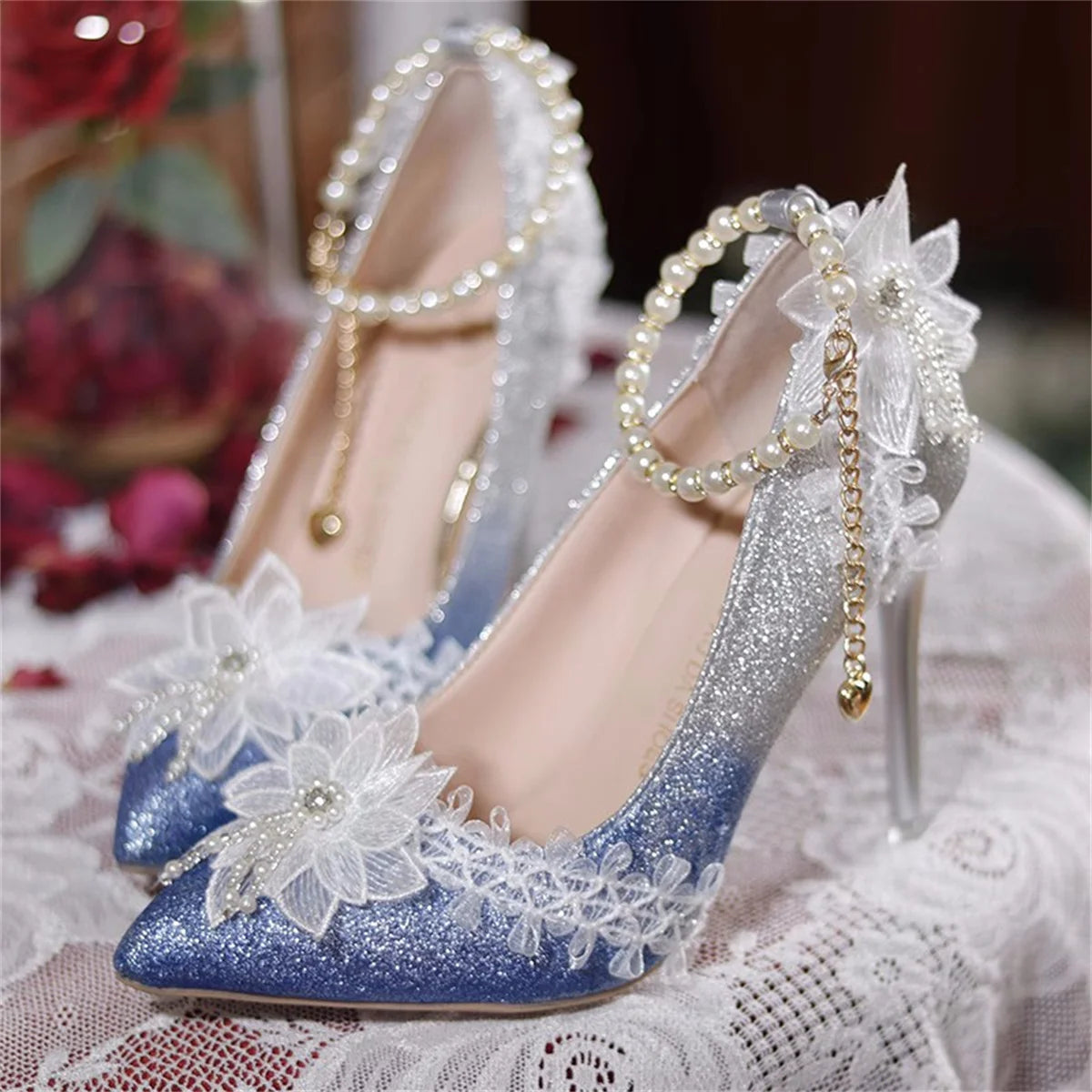 Advbridge French Elegant Vintage Girl Shoes Gradient Starl Sky Flower Pearls Tassels Pointed Sandals Elegant Tea Party 9cm High Heel Shoes