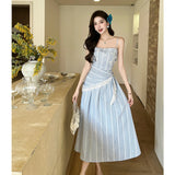 ADVBRIDGE  -  French Style Sweet Strap Dresses for Women's Blue Plaid Vintage Dress Summer Bow Cute Strapless Sexy Elegant Vestidos mujer