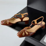 ADVBRIDGE  -  Women's cow leather hollow-out t-strap sandals 4cm thick med heel square toe elegant ladies summer pumps heeled shoes for woman