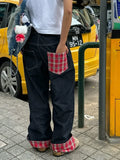 Advbridge Baggy Plaid Jeans Pants Women Retro Harajuku Letter Embroidery Korean Straight Wide Leg Denim Trousers Y2k HipHop Casual