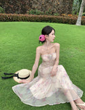ADVBRIDGE  -  French Style Fairy Dress Women Pink Print Sweet Vintage Chiffon Vestidos Apricot 3D Flower Hang Neck Sexy Elegant Vacation Dress