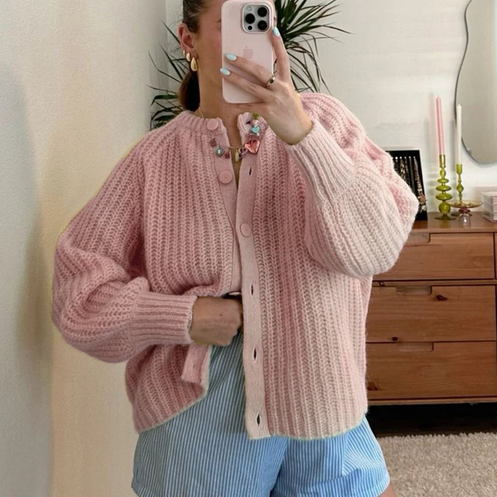 Advbridge Women's Y2 Kawaii Cute Loose Fit Sweater Cardigan Solid Color Crew Neck Long Sleeve Button Down Casual Knitwear Tops