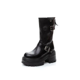 Advbridge 9CM Genuine Leather Women Boots Causal Knee High Boots Shoes Motorcycle Ankle Booties Platform Wedge Thick Sole Buckle Shoes