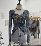 Advbridge Women's Sexy Mesh V-neck Navel-Baring T-shirt Skinny Hot Girl Denim Butterfly Embroidered Patchwork Top Essential Streetwear8921