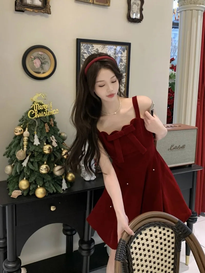 Advbridge -  French Sweet Hot Girl Butterfly Red Velvet Strap Dress for Women's Winter Christmas Fluffy Princess Dress Fashion Female Clothes