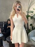ADVBRIDGE  -  Women's Knitted Mini Dress Fashion Lapel Single Breasted Slim Sleeveless A-line Dresses Summer Casual Office Ladies Vestidos