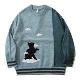 Advbridge Cat Embroidery Colorblock Knitted Sweater For Men Hip Hop Pullovers Sweater Streetwear Retro Cotton Loose Couple Sweater Autumn
