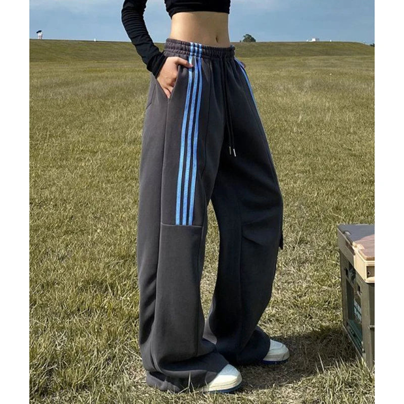 Advbridge Women Streetwear Sweatpants American Retro Striped Loose Wide Leg Pants Casual Female Large Pocket Cargo Trousers New