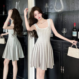 ADVBRIDGE  -  French Elegant Knitted Dress Women Black Sexy Stripe Fashion Square Collar Strap Knitting Dresses Casual Korean Style Feminine