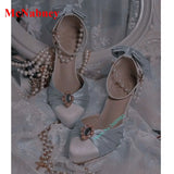 Advbridge Pointy Toe Crystal Women's Pumps Ankle Buckles Pearl Chain Butterfly Knot Summer Pumps Wedding Shoes Thin High Heel Candy