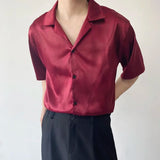 Advbridge Summer Men's Stylish Shirt Cuban collar Satin Silk Wine Red Dress Shirts Short Sleeve Tops Wedding Prom Party Holiday Blouse Man
