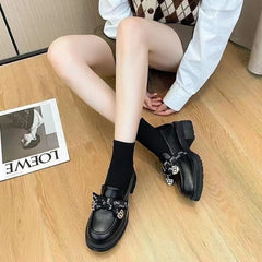 Advbridge Coarse Heel French Thick Soled Height Increasing Leather Shoes 2024 New Butterfly Knot Versatile Bean Shoes Lolita Single Shoes