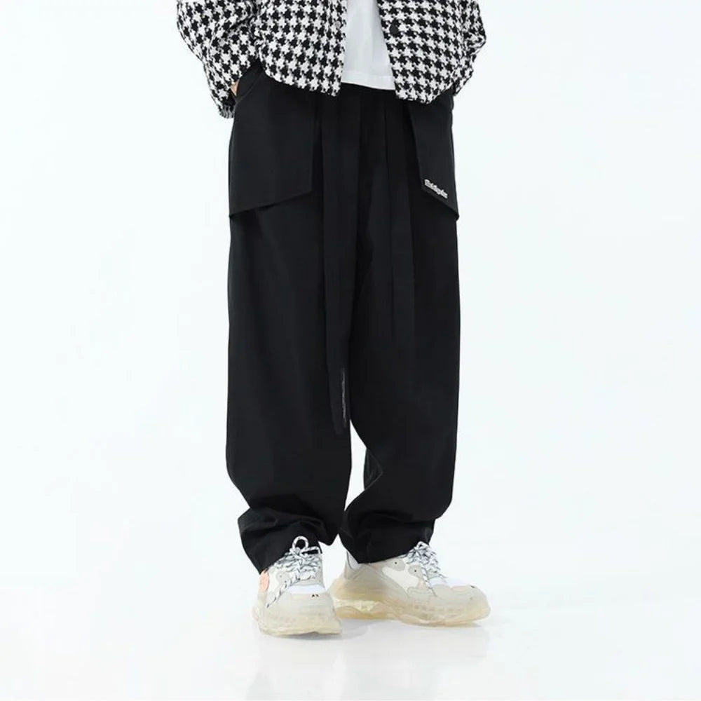 Advbridge Harajuku Japanses Patch Pocket Trousers Men's Cargo Pants Streetwear Wide Leg Pants Unisex Simple Style Loose Straight Pants