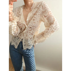 Advbridge Elagant Lace Transparent Blouse Women Youthful V Neck Long Sleeve Shirt Female Vintage Luxury 2024 Spring Aesthetic Korean