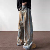 Advbridge Tie Dye Ripped Jeans Men's Straight Leg Trendy Brand Retro and Cool Casual Hip-hop High Street Pants