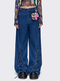 Advbridge Loose Embroidery Baggy Jeans Women Vintage Lace Up Hip Pop Wide Leg Pants Female 2025 Spring Autumn New Fashion Lady Denim Pants