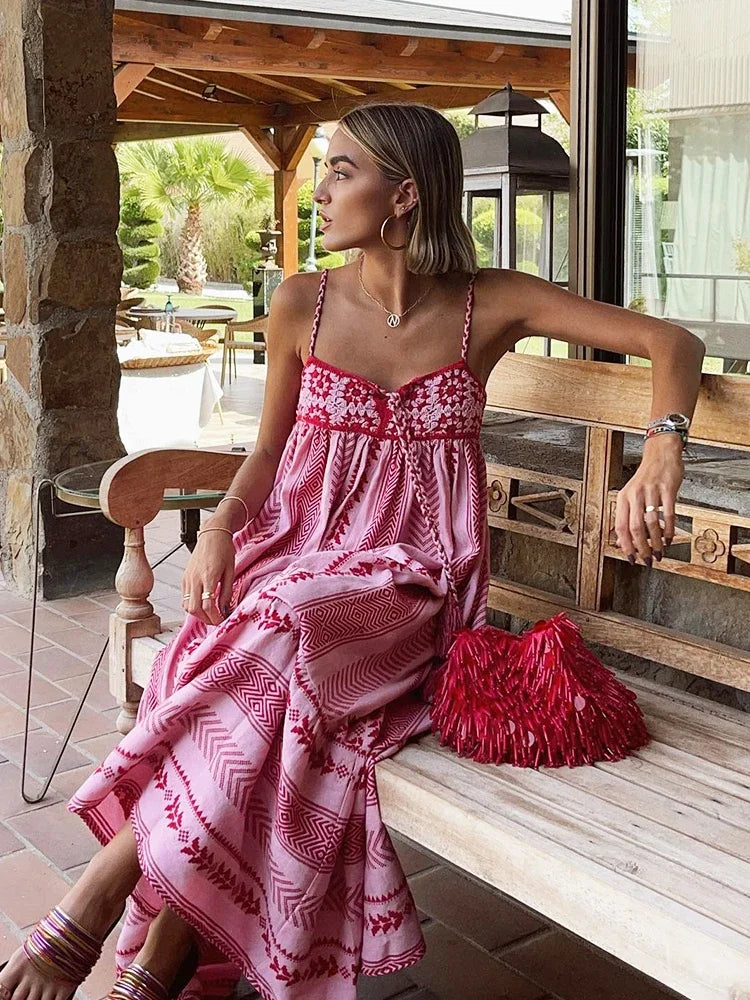 Advbridge Crochet Bohemian Summer Dress for Women Spaghetti Strap Red Vintage Tassel Beach Dress Maxi Long Casual Sundress Autumn