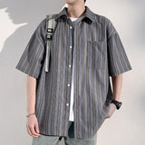ADVBRIDGE  -  Men's Vertical Stripe Color-Block Lapel Loose-Fit Short Sleeve Shirt - Casual Breathable Top, Trendy Summer Style, Relaxed Fit