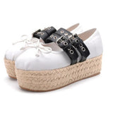 Advbridge Girl's Bowtie Rope Braided Platform Silk Ballet Flats Shoes Woman Double Buckle Graid Riband Bandage Round Toe Fishman Shoes
