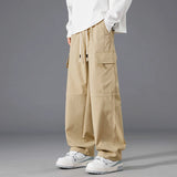 ADVBRIDGE  -  Men's Clothing Elastic Cargo Straight Trousers Solid Color High Waist Pockets Spring Autumn Drawstring Casual Loose Pants