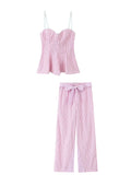 ADVBRIDGE  -  Pink Striped Casual Pants Sets Women Spring New Lace Trim Long Sleeve Pocket Crop Tops+Bow Sleeveless Tank Tops+Belted Trousers