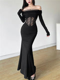 Advbridge  -  Black Off-Shoulder Hollow Out Maxi Dress Women Lace See-Through Patchwork Printed Sexy Dress Ladies Party Dress Clothes