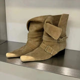 ADVBRIDGE  -  Short Boots Women Autumn/winter Genuine Leather Suede Square Toe Womens Shoes Two in One Foldable Thick Heel Midsole Boots Woman