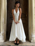 Advbridge Women's White Elegant Ruffles Pleated Halter Maxi Dress Chic V-neck Backlwss Sleeveless A-line Robe Female Party Holiday Dresses