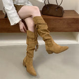 ADVBRIDGE  -  Western Style Fashion Hemp Tassel Knee High Boots Women Winter Street Pointed Toe Cowboy Boots Low Thick Heels Long Shoes
