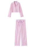 ADVBRIDGE  -  Pink Striped Casual Pants Sets Women Spring New Lace Trim Long Sleeve Pocket Crop Tops+Bow Sleeveless Tank Tops+Belted Trousers