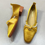 ADVBRIDGE  -  Elegant String Bead Silk Ribbon Knot Design Low Heel Mary Jane Shoes Woman French Style Yellow Square Toe Chunky Heel Loafers