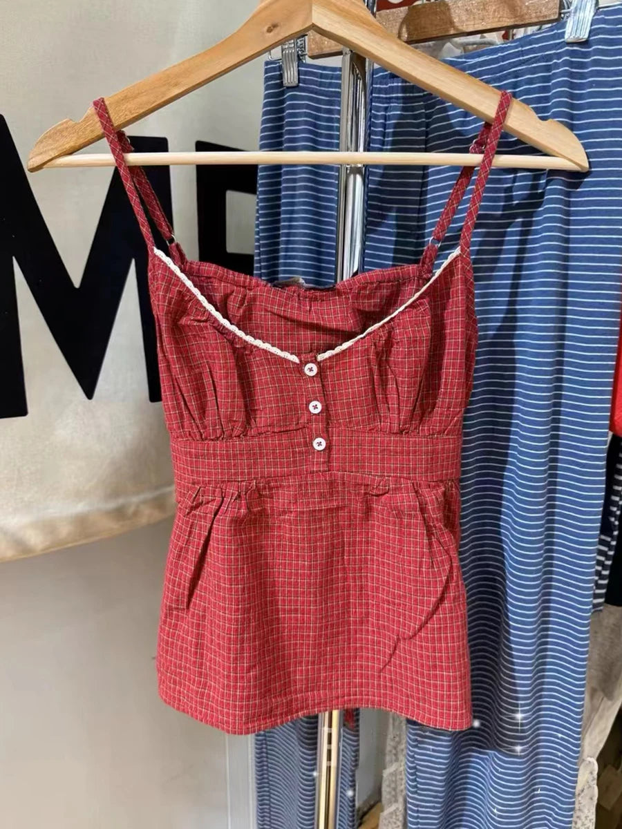 Advbridge New Red Plaid Buttons Slim Tank Top Women Lace Trim V-neck Back Lace-up Cotton Camis Summer Vintage Sweet Sleeveless Vests Y2k