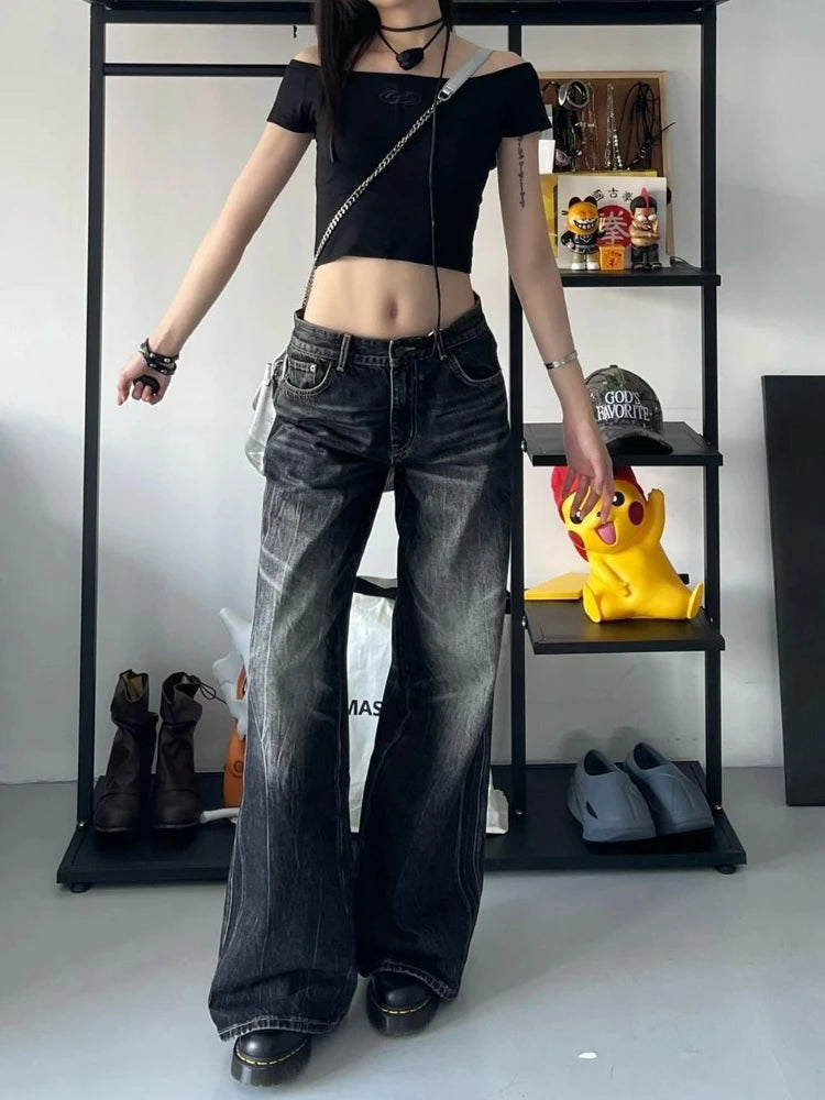 Advbridge Women Y2K Baggy Vintage Jeans Black Streetwear Wide Leg Pants Harajuku Distressed Washed Looes Denim Trousers Hip Hop