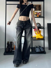 Advbridge Women Y2K Baggy Vintage Jeans Black Streetwear Wide Leg Pants Harajuku Distressed Washed Looes Denim Trousers Hip Hop