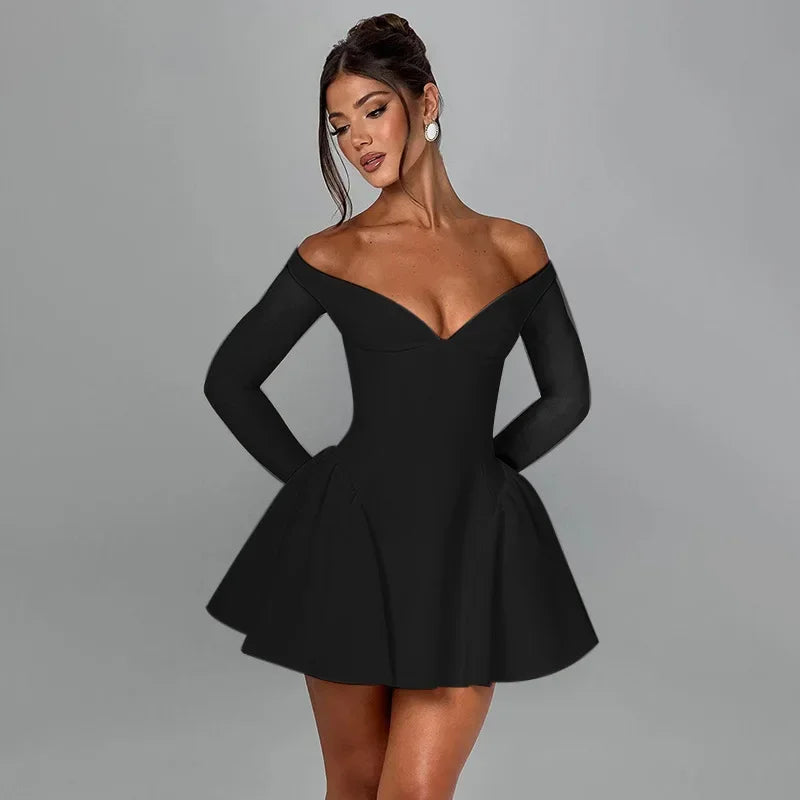 Advbridge Autumn Sexy Off Shoulder Mini Dress for Women Elegant Fashion A-line Long Sleeve Slim Christmas Evening Party Dress 2025